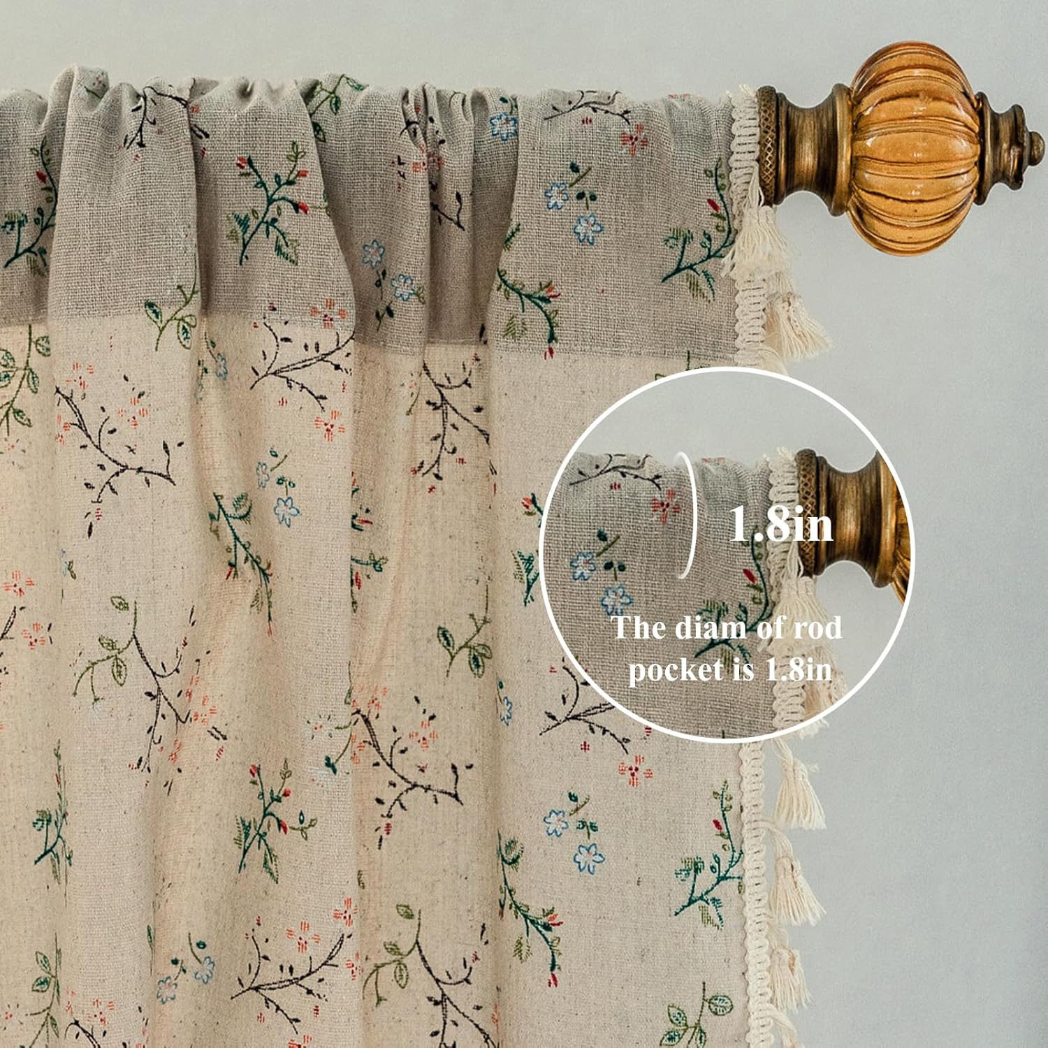 Floral Bedroom Curtains 84 Inch Length 2 Panels Set Semi Sheer Living Room Drapes Cotton Linen Blend Bohemian Window Curtain Panels with Tassel Beige Rod Pocket Drapes - Image 2