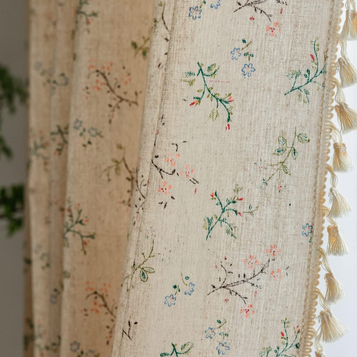 Floral Bedroom Curtains 84 Inch Length 2 Panels Set Semi Sheer Living Room Drapes Cotton Linen Blend Bohemian Window Curtain Panels with Tassel Beige Rod Pocket Drapes