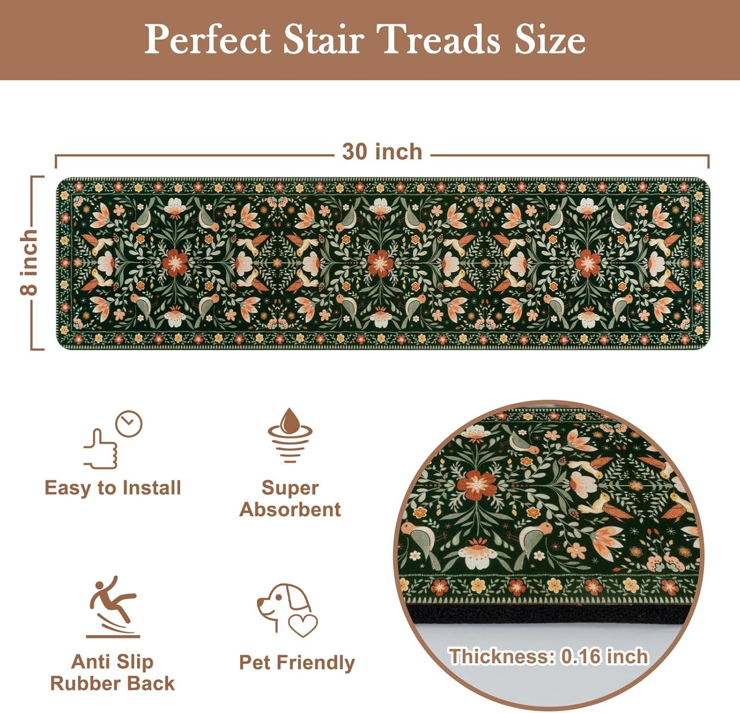 Floral Stair Treads Non-Slip Stair Runner for Wooden Steps Indoor 15PCS 30"x8" Carpet Stair Treads Stair Mats Staircase Step Treads for Kids, Elders and Dogs, Stair Covers, Black - Image 2