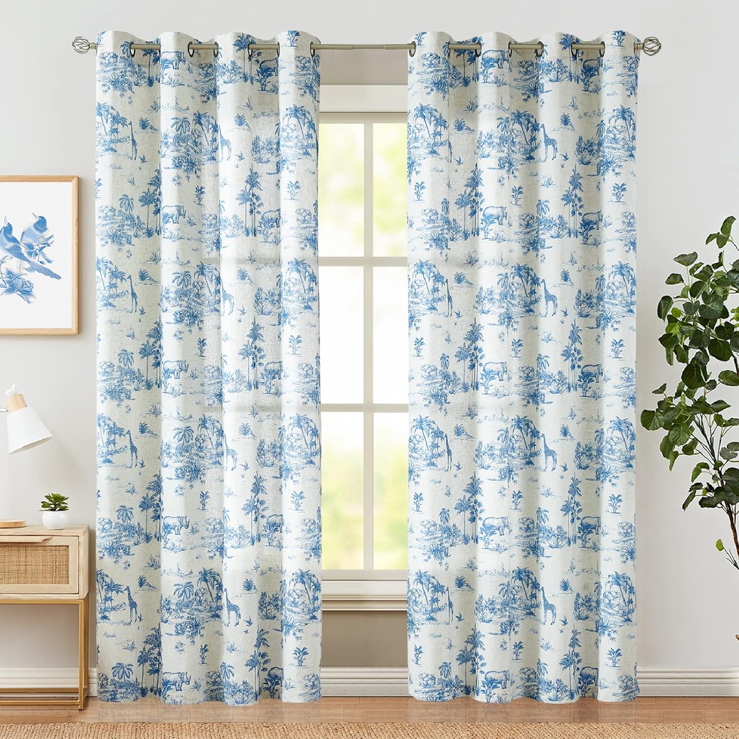 Linen Toile Curtains 84 Inches Long for Living Room Toile de Jouy Printed Farmhouse French Country Curtains Grommet Top Light Filtering Window Drapes for Bedroom 2 Panels Blue on Beige - Image 2