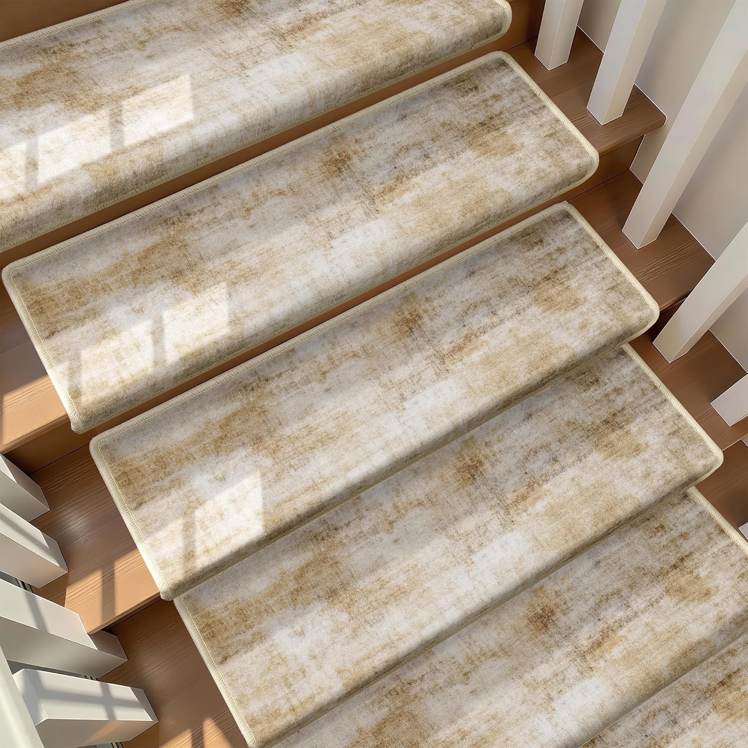 Bullnose Stair Treads for Wooden Steps, Non-Slip Peel and Stick Carpet Stair Runner, Pet Friendly Indoor Stair Protectors, Soft Washable Reusable,9.5x30 14Pcs,Brown